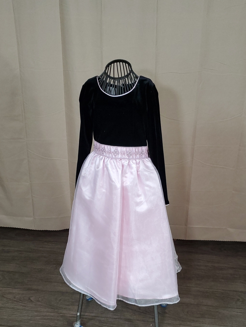 Girls Black Velvet Bodice Pink Satin Formal Dress